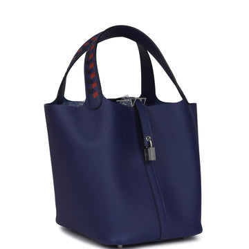 Hermes Picotin Lock 22 TreESage De Cuir Bleu Encre, Brique and Black Epsom Palladium Hardware
