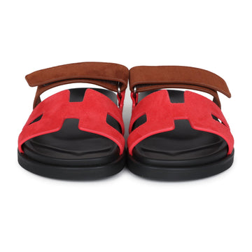 Hermes Chypre TEShno Sandal Rouge Cinetique/Gold Suede Palladium Hardware 36.5 EU