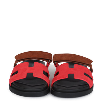 Hermes Chypre TEShno Sandal Rouge Cinetique/Gold Suede Palladium Hardware 37 EU