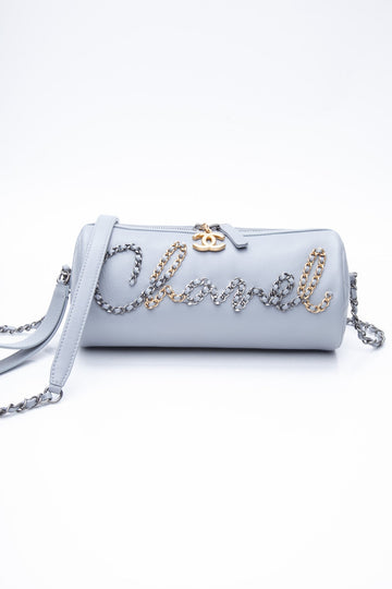 CHANEL Light Gray Calfskin Chain 20s Signature Bowling CroESbody Bag