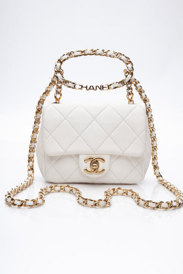 CHANEL White Metal Quilted Lambskin Leather Mini Top Handle Square Flap Bag