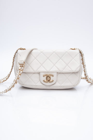 CHANEL Small Cream Crystal Pearls Chain Quilted Calfskin Flap Bag