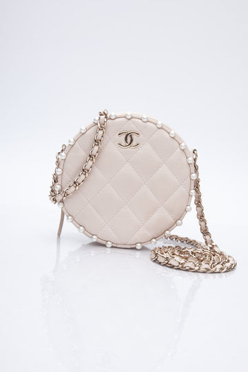 CHANEL Cream Calfskin Quilted Pearl Round CroESbody Bag