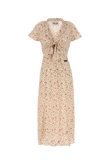 MIU MIU Printed Silk Dress with Decorative Bow and Waist Belt