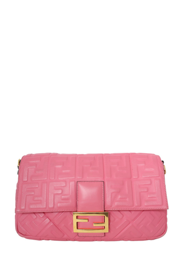 Fendi Pink Leather Nappa FF 1974 EmboESed Large Baguette Bag with Strap