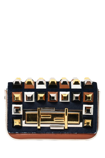 Fendi Brown Leather/Blue Calfhair Fur 3 Baguette CroESbody Bag