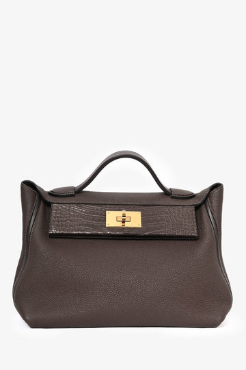 Hermès 2021 Brown 'Ebene' Togo Leather/Matte Alligator Touch 24/24 29 Top Handle GHW w/ Strap