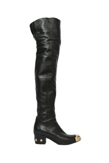 Chanel™ Black Leather Over the Knee 'Dallas' Gold Cap Toe Boots Size 36.5