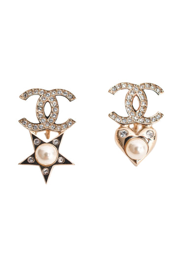 Chanel 2019 Gold Toned Pearl Star/Heart CC Drop Clip On Earrings
