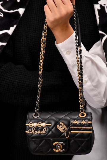 Chanel™ 2022C Black Lambskin Coco Clip Charms Two-Tone CC Mini Flap Bag