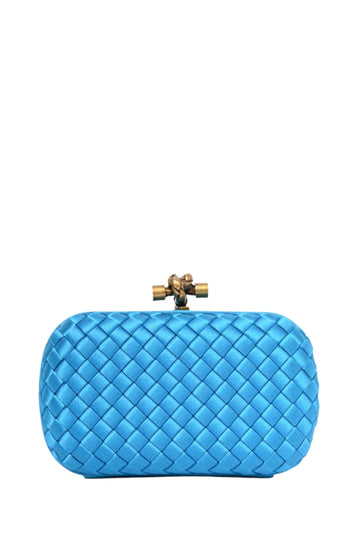 Bottega Veneta Blue IntrESciato Woven Satin Knot Clutch