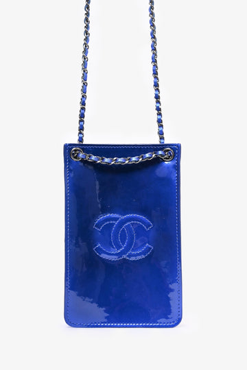 Chanel™ 2014 Cobalt Blue 'patent Leather Phone Holder with Chain