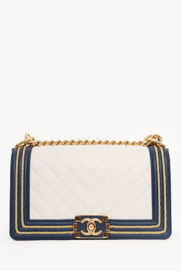 Chanel™ 2018/19 White/Navy Calfskin Chevron Quilted Braided Medium Boy Bag
