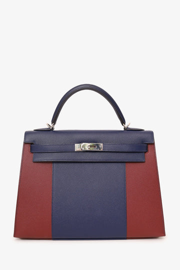 Hermès 2014 Blue/Burgundy Saphir and Rouge H Epsom Sellier Flag Kelly 32
