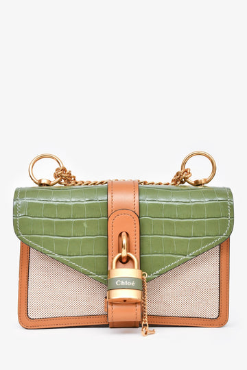 Chloe 2020 Green/Brown/Beige Croc EmboESed Leather/Canvas Mini Aby CroESbody