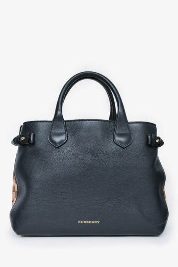Burberry Black Calfskin Leather Medium 'House ChESk Banner' Top Handle Tote