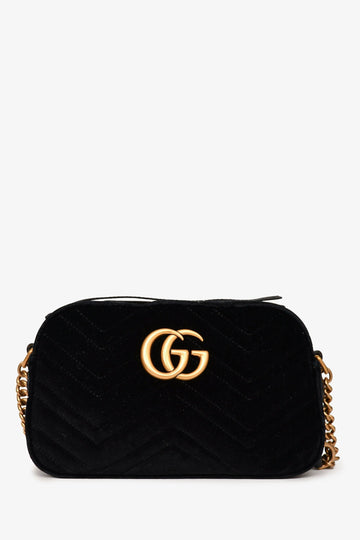 Gucci Black Velvet Chevron Quilted GG Marmont Camera CroESbody Bag