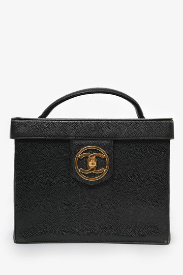 Chanel™ 1991-94 Vintage Black Caviar Leather CC Box Vanity Makeup Case with Chain Strap (As Is)