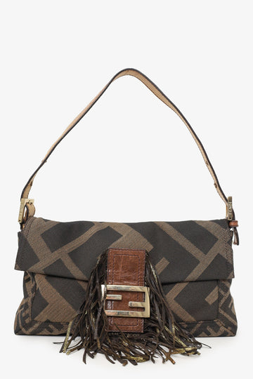 Fendi Tobacco Zucca Canvas Fringe Baguette Shoulder Bag