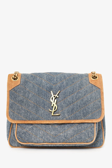 Saint Laurent Blue/Brown Denim/Suede Medium Monogram MatelaESe Niki Shoulder Bag