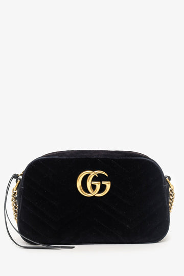 Gucci Black Velvet Chevron Quilted GG Marmont Camera CroESbody Bag