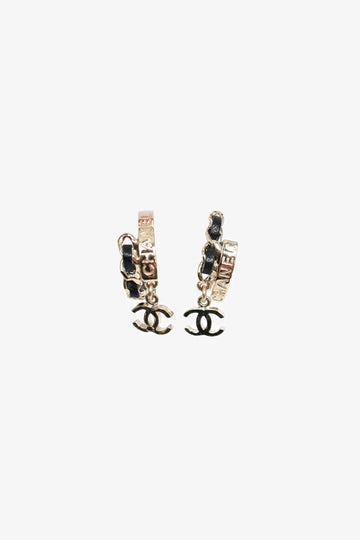 Chanel™ 2022 Gold Toned Leather Chain CC Small Hoop Earrings