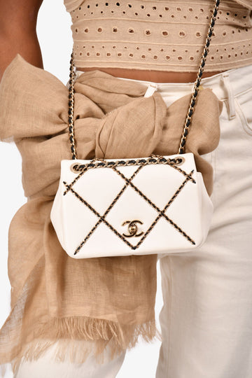 Chanel™ 2021 Cream Leather Small 'Entwined' Chain Quilted Mini Flap