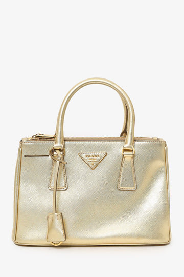 Prada Gold Metallic Saffiano Lux Leather Small Double Zip Galleria Tote with Strap
