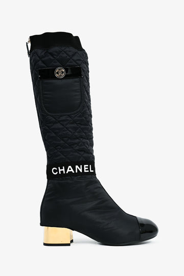 Chanel™ 2021 Black/ Gold Quilted Nylon Rain Boots Size 37