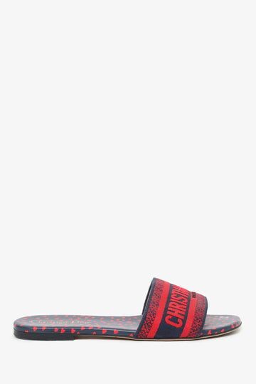 Christian Dior Navy/Red Canvas Pop Heart I Love Paris Embroidered Dway Flat Slide Sandals Size 38