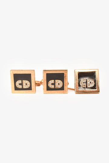 Christian Dior Vintage Gold Tone/Black Enamel Crystal Embellished Cufflinks Set of 3