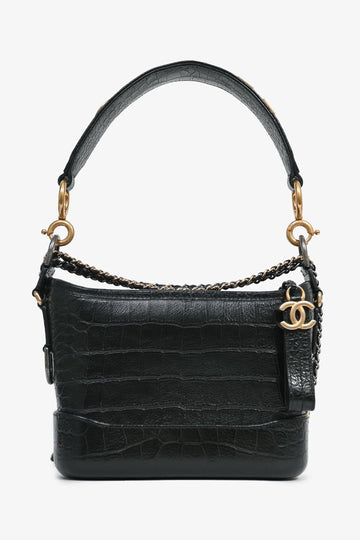 Chanel™ 2019-20 Black Croc EmboESed Leather Medium Gabrielle CroESbody Bag with Logo Strap