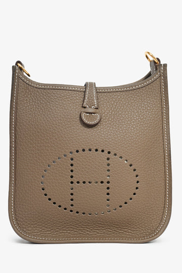 Hermès 2023 Etoupe Clemence Leather Evelyne 16 TPM CroESbody with Navy Blue Strap