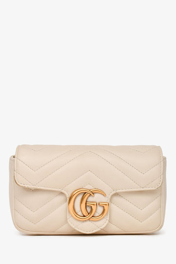 Gucci White Leather Chevron Quilted GG Marmont Super Mini CroESbody