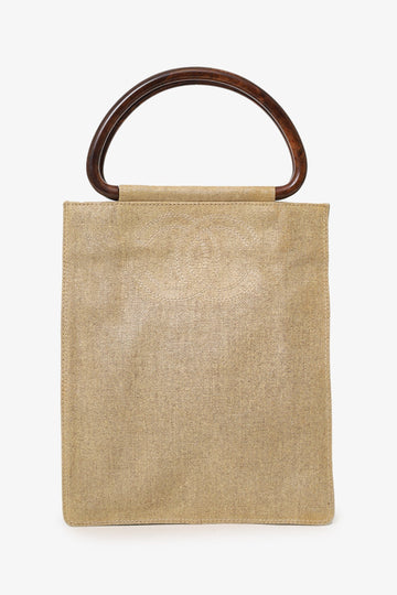 Chanel™ 2000-02 Beige CC Stitched Woven Linen Wood Handle Tote Bag