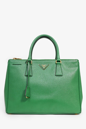 Prada Green Saffiano Leather Double Zip Galleria Tote with Strap