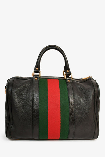Gucci Black Pebbled Leather Red/Green Striped Bowler Bag with Strap (As Is)