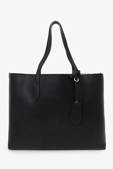 Burberry Black Leather Haymarket ChSSk Medium Reversible Tote Bag 'As Is'