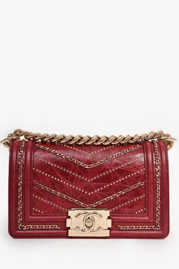 Chanel™ 2018/19 Burgundy Leather Chain Detail Small Boy Crossbody Bag GHW
