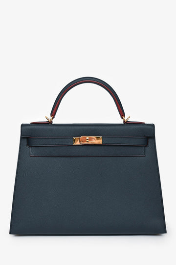 Hermès 2016 Blue Indigo/Rouge H Trim Epsom Leather Contour Sellier Kelly 32 with Strap GHW