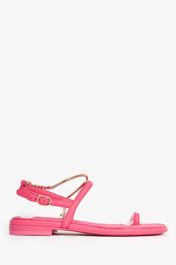 Chanel™ Hot Pink Leather Gold Ankle Wrap Sandals with Chain Link Detail Size 36C