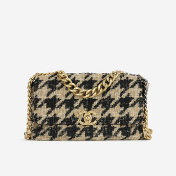 Chanel - Chanel 19 Large Flap Bag - Beige/Black Houndstooth Tweed MHW -