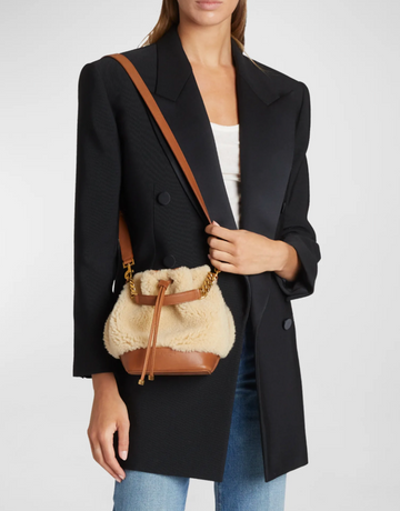 SAINT LAURENT Natural Beige Shearling Calfskin Small Emmanuelle Bucket Bag