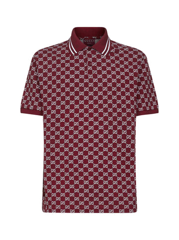 Gucci Men Burgundy Gg Jacquard Cotton Pique Polo Shirt