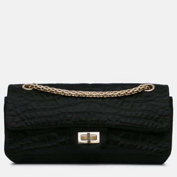 Black Satin ReiESue 2.55 Croc Stitched East West Double Flap Bag