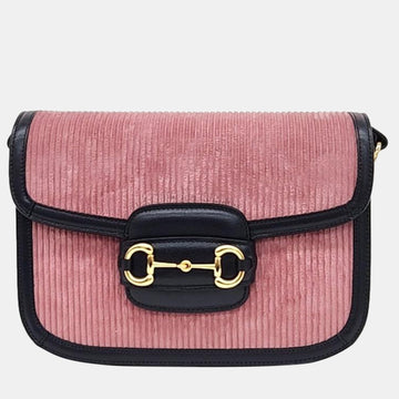 Pink/Black Corduroy and Leather 1955 Horsebit Shoulder Bag