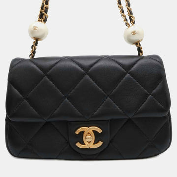 Black Lambskin Faux Pearl MatelaESe Small Ball Flap Bag