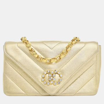 Metallic Gold Lambskin Leather Small  Faux Pearl V Stitch Shoulder Bag