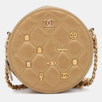 Gold Leather Paris-New York Egyptian Amulet Round Shoulder Bag