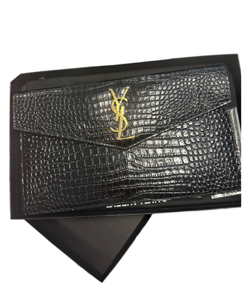 SAINT LAURENT - Black Vintage Shiny Crocodile Embossed Uptown Pouch